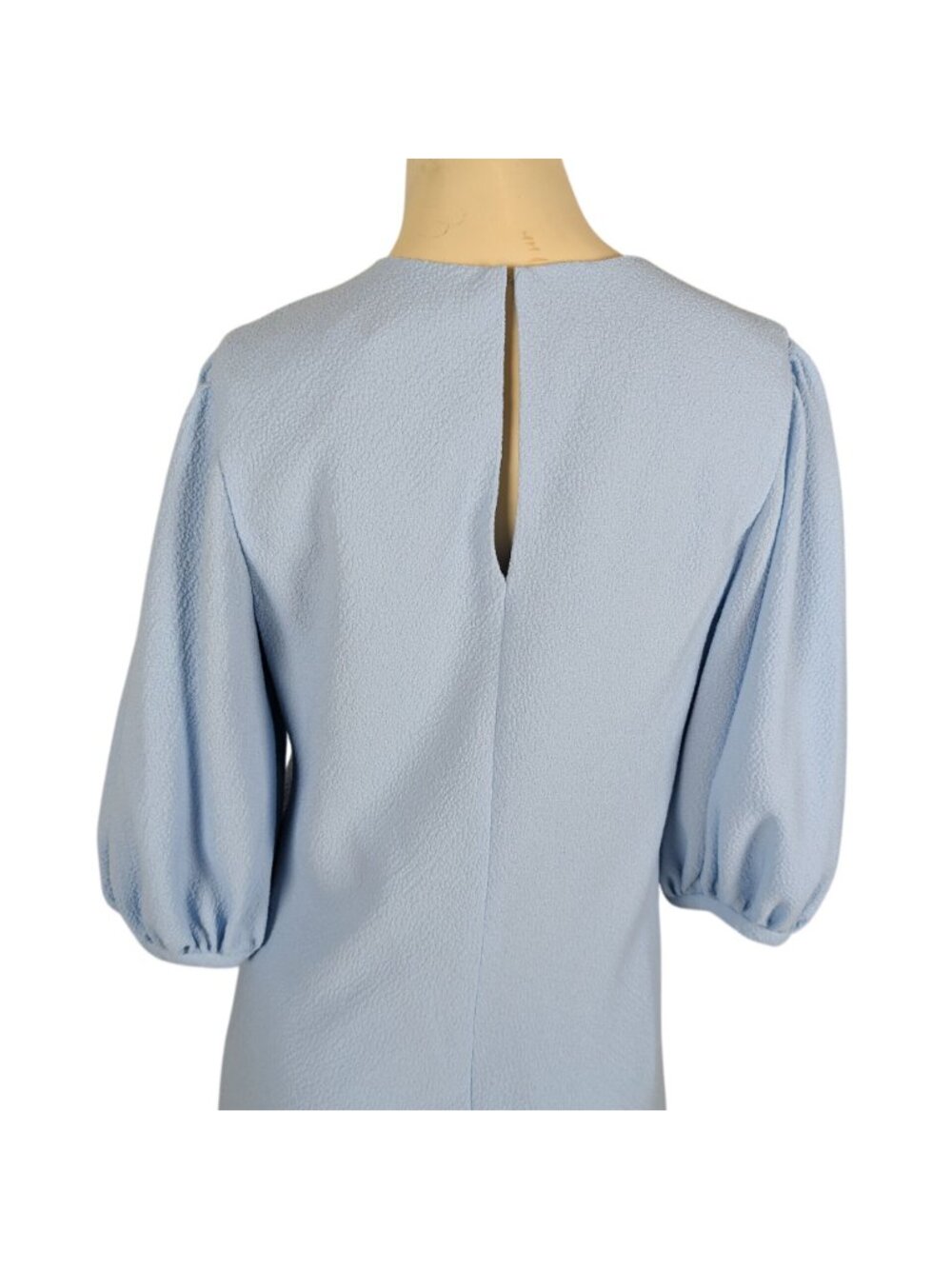 Black Halo Morello Blue Mini Dress Sz 8 Textured Shift Ruffle Hem Puff Sleeve - Picture 8 of 16